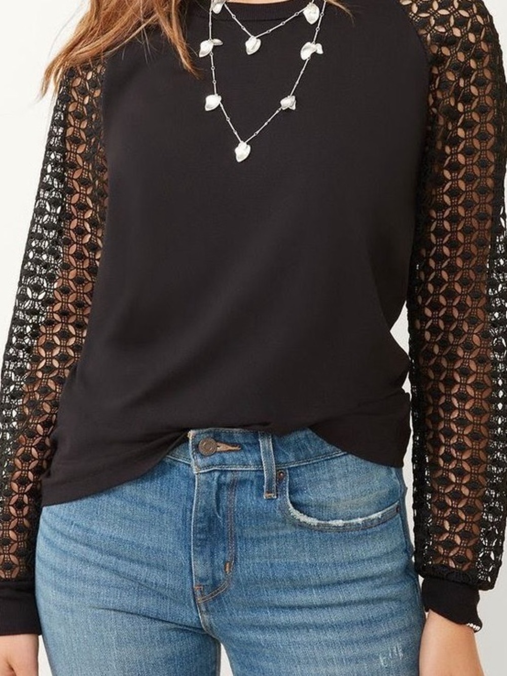 Stella + Dot Maette Black Lace-Sleeve Women's Top Medium